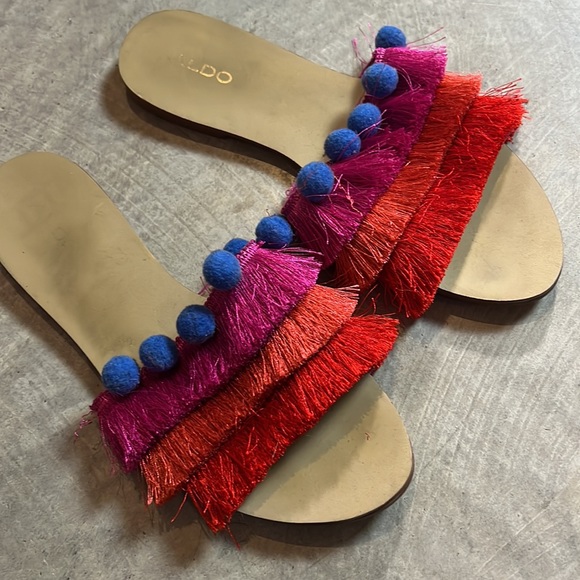 Sunset Tassel Fringe Boho Flat Slip On Colour Block Slide Pom Poms Ball Sandal 7 - Picture 3 of 5
